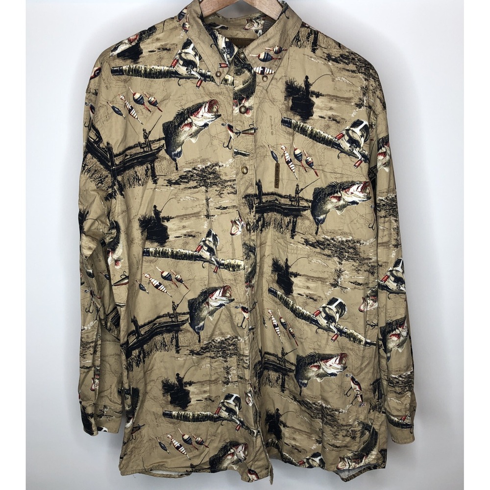 Magellan Fish Print Shirt Men's Large Long Sleeve Button Bass Lure